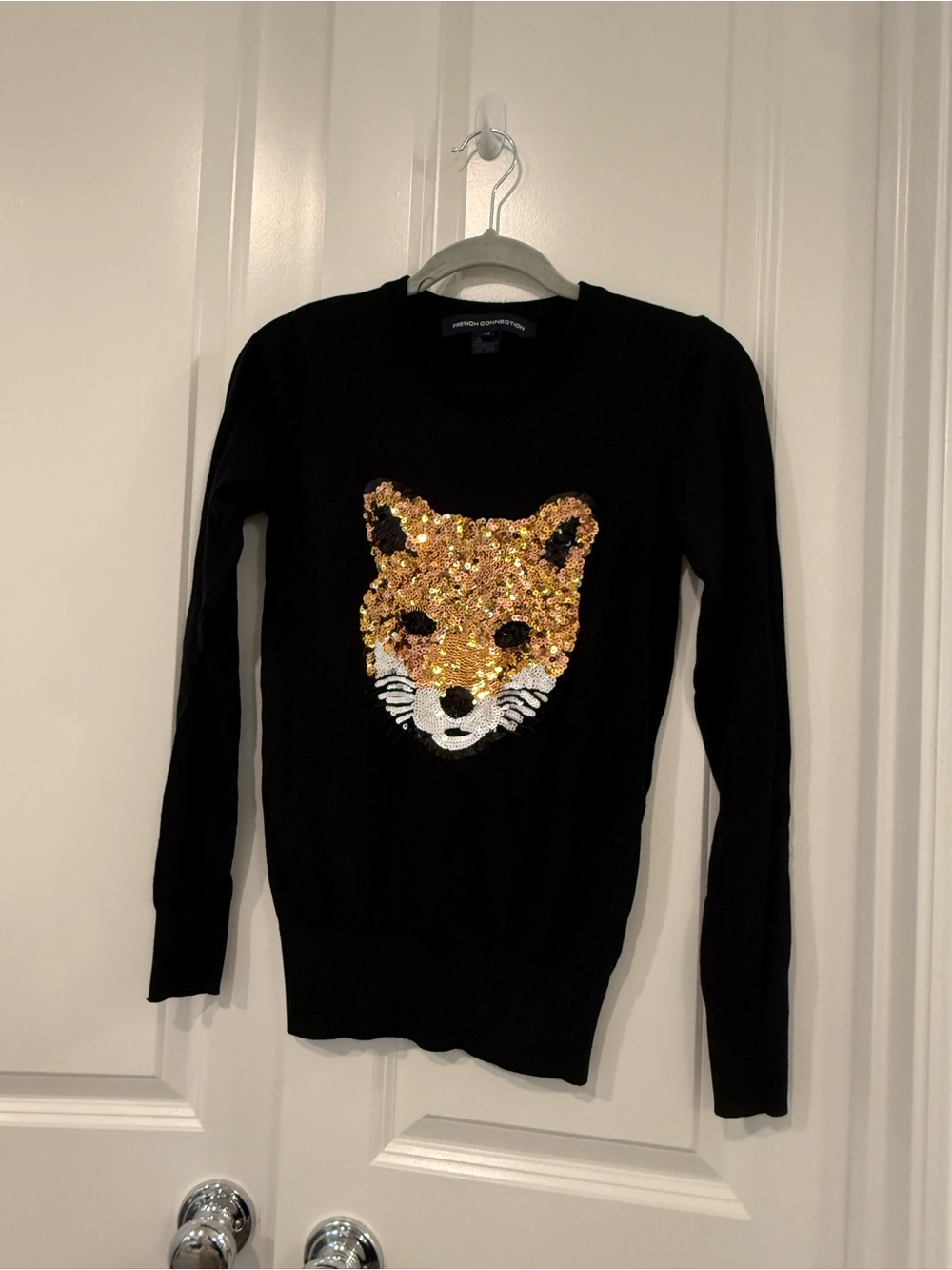 French Connection Black Sweater with Gold Sequin Fox